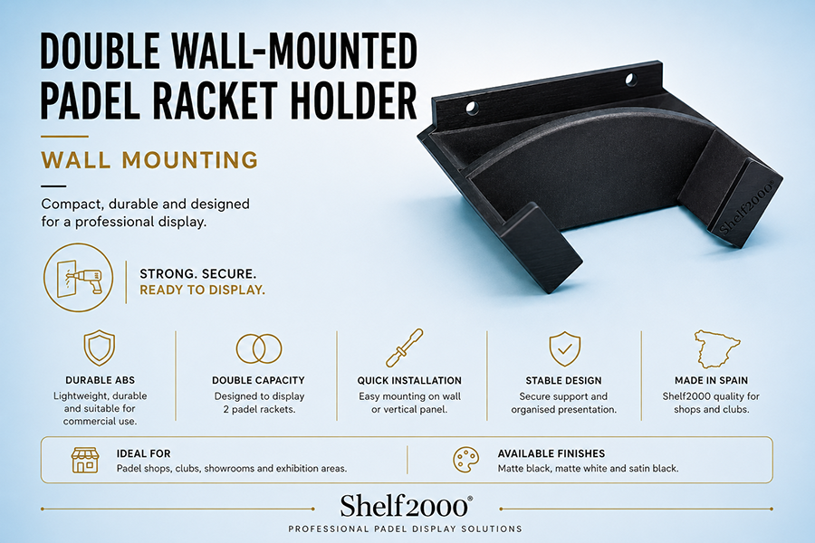 Infographic of the Shelf2000 double wall-mounted padel racket holder in ABS, designed to display two rackets with a secure and professional wall installation.